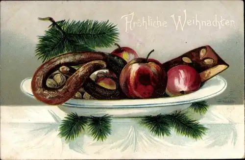 Präge Litho Frohe Weihnachten, Gabenteller, Lebkuchen, Tannenzweig, Brezel, Äpfel