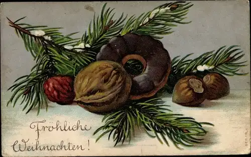 Präge Litho Frohe Weihnachten, Lebkuchen, Tannenzweig, Nüsse