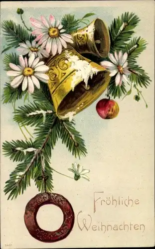 Präge Litho Frohe Weihnachten, Glocke, Tannenzweig, Lebkuchen, Apfel