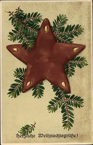 Präge Litho Frohe Weihnachten, Lebkuchen, Stern, Tannenzweig