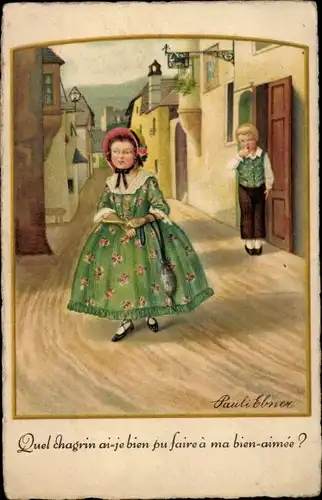 Künstler Ak Ebner, Pauli, Frau in grünem geblümten Kleid, Mann
