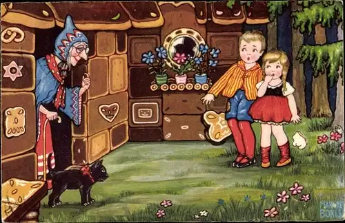 Künstler Ak Boriss, Margret, Hänsel und Gretel, Hexe, Pfefferkuchenhaus, Märchen, Gebrüder Grimm