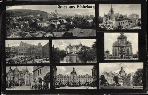 Ak Bückeburg Kreis Schaumburg Niedersachsen, Blick auf neues Palais, Rathaus, Markttag, Lutherkirche