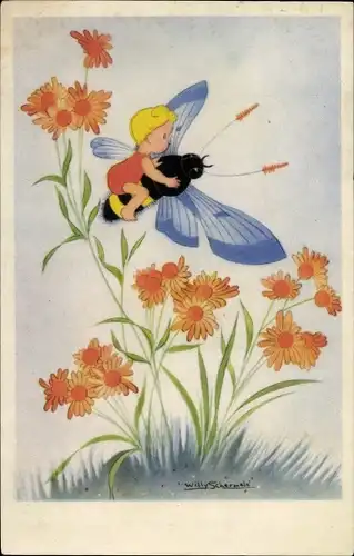 Künstler Ak Schermele, Willy, Kind fliegt auf einer Hummel, Blumen