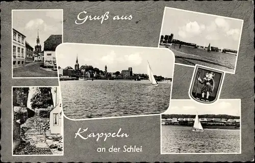 Ak Kappeln an der Schlei, Teilansichten vom Ort, Steintreppe, Wasserpartien, Segelboote, Kirche