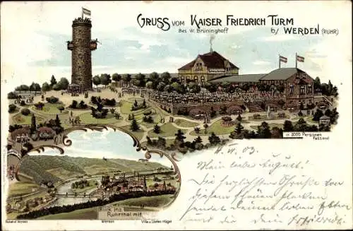 Litho Werden Essen im Ruhrgebiet, Kaiser Friedrich Turm, Gastwirtschaft