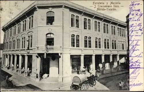 Ak Mérida Yucatán Mexiko, Ferreteria y Merceria J. Crassemann Sucs., Geschäftshaus