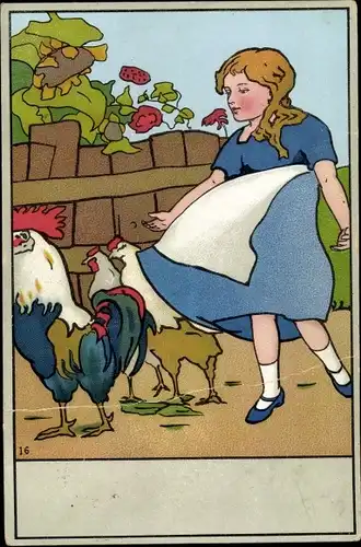 Litho Mädchen mit Schürze, Hahn, Hühner