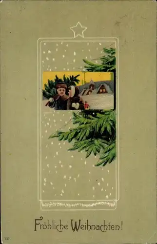 Passepartout Litho Glückwunsch Weihnachten, Mann mit Tannenbaum, Frau, Schneefall