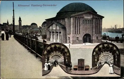 Ak Hamburg Mitte Steinwerder, Elbtunnel, Eingang, Brücke, Tunneleingänge