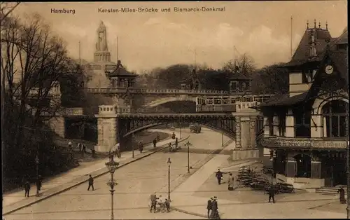 Ak Hamburg Mitte St. Pauli, Kersten Miles Brücke, Bismarck Denkmal, Bahnüberführung