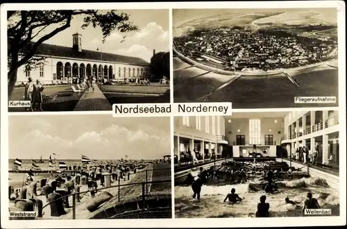 Ak Norderney in Ostfriesland, Kurhaus, Fliegeraufnahme, Wellenbad, Strand