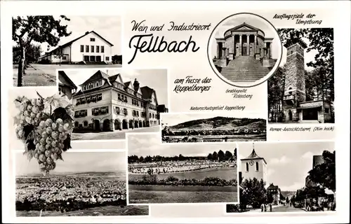 Ak Fellbach in Baden Württemberg, Stadthalle, Rathaus, Kernen Aussichtsturm, Grabkapelle Rotenberg