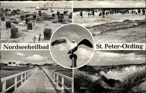 Ak Sankt Peter Ording in Nordfriesland, Strand, Dünen, Brücke