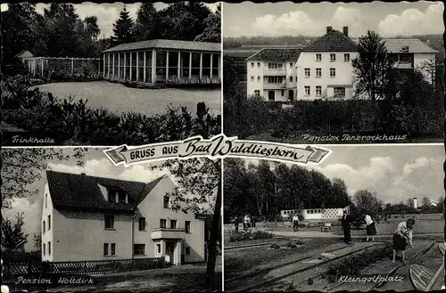 Ak Bad Waldliesborn Lippstadt NRW, Trinkhalle, Pension Tenbrockhaus, Pension Holtdirk, Minigolf