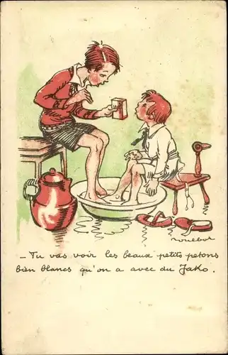 Künstler Ak Poulbot, Francisque, Kinder waschen Füße in Schüssel