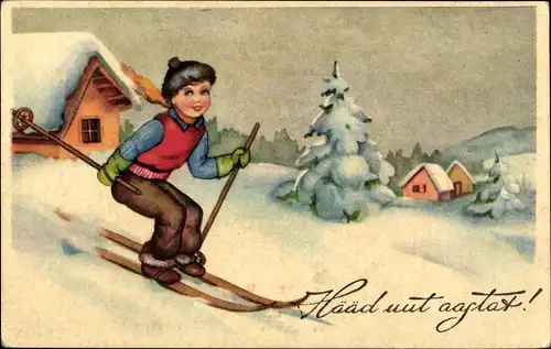 Ak Glückwunsch Neujahr, Skiläufer, Skipiste, Schneelandschaft
