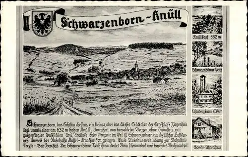 Künstler Ak Schwarzenborn Knüll in Hessen, hist. Stadtbild, Wappen, Knüllkopf, Eisenbergturm