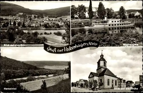 Ak Veckerhagen Reinhardshagen an der Weser, Totalansicht vom Ort, Flusspartie, Hemelntal, Kirche