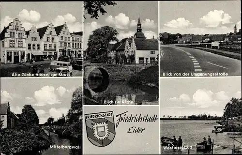 Ak Friedrichstadt an der Eider, Giebelhäuser am Markt, Kirche, Mittelburgwall, Westersielug, Wappen