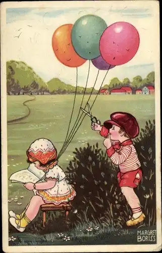 Künstler Ak Boriss, Margret, Mädchen mit Luftballons, Junge schneidet Schnüre durch, Amag 0337