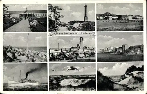 Ak Norderney in Ostfriesland, Leuchtturm, Strand, Dampfer, Dünen