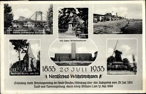 Ak Wilhelmshaven in Niedersachsen, Kaiser Wilhelm Brücke, Mühle, Rathaus, Kirche, Denkmal