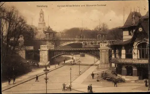 Ak Hamburg St. Pauli, Kersten Miles Brücke u. Bismarck Denkmal