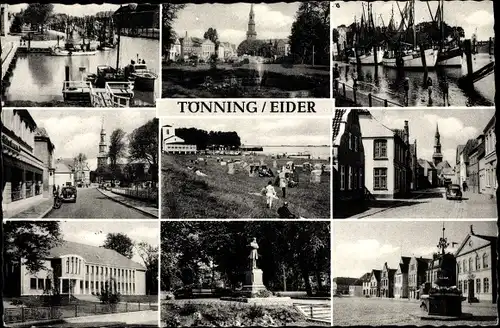 Ak Tönning an der Eider Nordfriesland, Straßenpartien, Strandwiese, Springbrunnen im Park, Statue