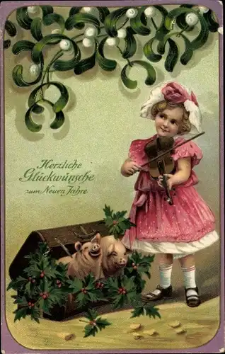 Präge Ak Glückwunsch Neujahr, Schweine, Mädchen spielt auf einer Violine, Mistelzweige