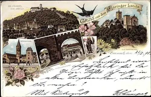 Litho Lutherstadt Eisenach in Thüringen, Dr. Köllner's Kuranstalt, Nicolaitor, Wartburg