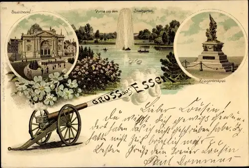 Litho Essen im Ruhrgebiet, Stadttheater, Stadtgarten, Kriegerdenkmal