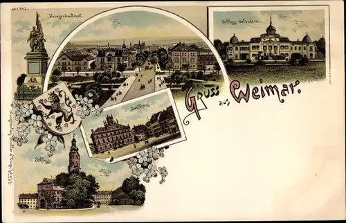 Litho Weimar in Thüringen, Kriegerdenkmal, Schloss Belvedere, Rathaus, Schloss