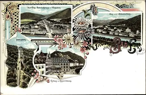Litho Bad Ems an der Lahn, Malbergbahn, Kurhaus, Kaiserwohnung