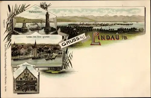 Litho Lindau am Bodensee Schwaben, Hafeneinfahrt, Rathaus