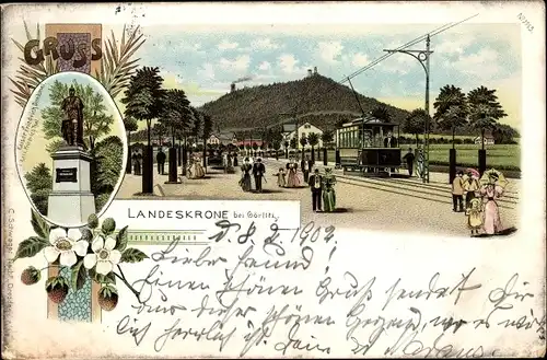 Litho Görlitz in der Lausitz, Landeskrone, Straßenpartie, Straßenbahn, Denkmal