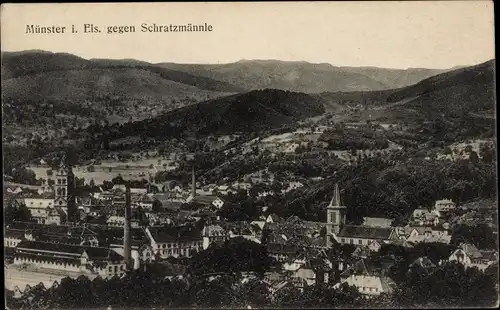 Ak Munster Münster Elsaß Elsass Haut Rhin, Panorama vom Ort gegen Schartzmännle