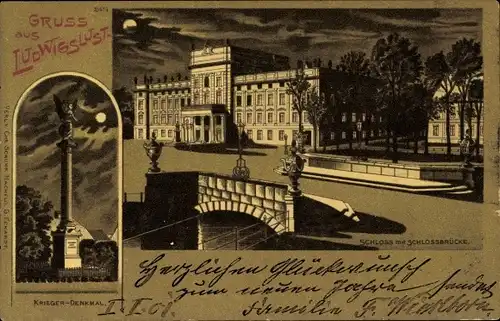 Mondschein Litho Ludwigslust in Mecklenburg Vorpommern, Kriegerdenkmal, Schloss, Schlossbrücke