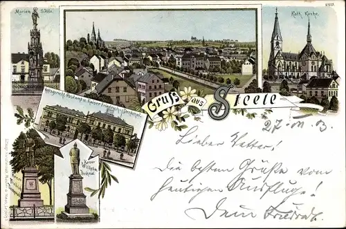 Litho Essen Ruhrgebiet, Mariensäule, Kath. Kirche, Kaiser Wilhelm Denkmal, Kaiser Friedrich Denkmal