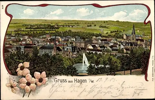 Passepartout Litho Hagen in Westfalen, Panorama vom Ort