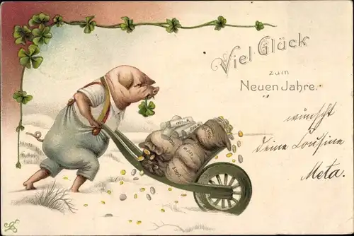 Litho Glückwunsch Neujahr, Glücksschwein, Geld, Schubkarre, Kleeblätter