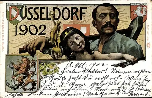 Ak Düsseldorf am Rhein, Wappen, Bergmann, Mädchen als Malerin, Industrie u. Gewerbeausstellung 1902