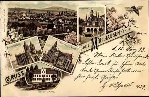 Litho Mühlhausen in Thüringen, Obermarktskirche, Untermarktskirche, Weißes Haus, Popperode