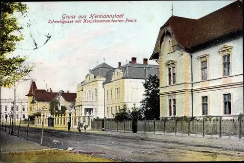 Ak Hermannstadt, Schewisgasse m. Korpskommandantenpalais