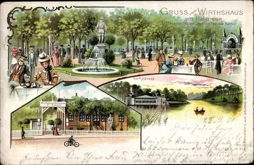 Litho Berlin Grunewald Halensee, Wirtshaus am Halensee, Der Halensee