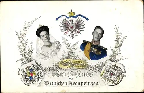 Wappen Ak Deutsches Kronprinzenpaar, Kronprinz Wilhelm von Preußen, Cecilie, Vermählung