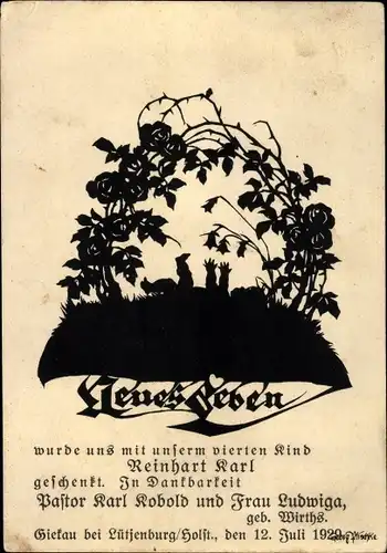 Scherenschnitt Ak Neues Leben, Geburtsanzeige Reinhart Karl Kobold, 1929, Giekau Holstein