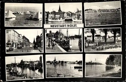Ak Neustadt in Holstein, Campingplatz, Hafen, Kiebitzberg, Markt, Binnenwasser, Jungfernstieg