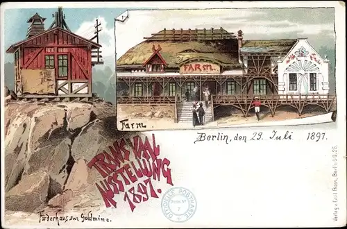 Litho Berlin Treptow, Transvaal Ausstellung 1897, Förderhaus zur Goldmine, Farm