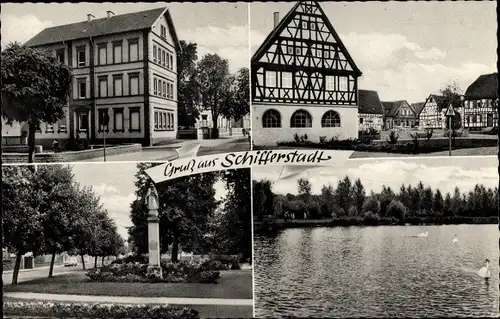 Ak Schifferstadt Pfalz, Fachwerkhaus, Statue, Uferpartie